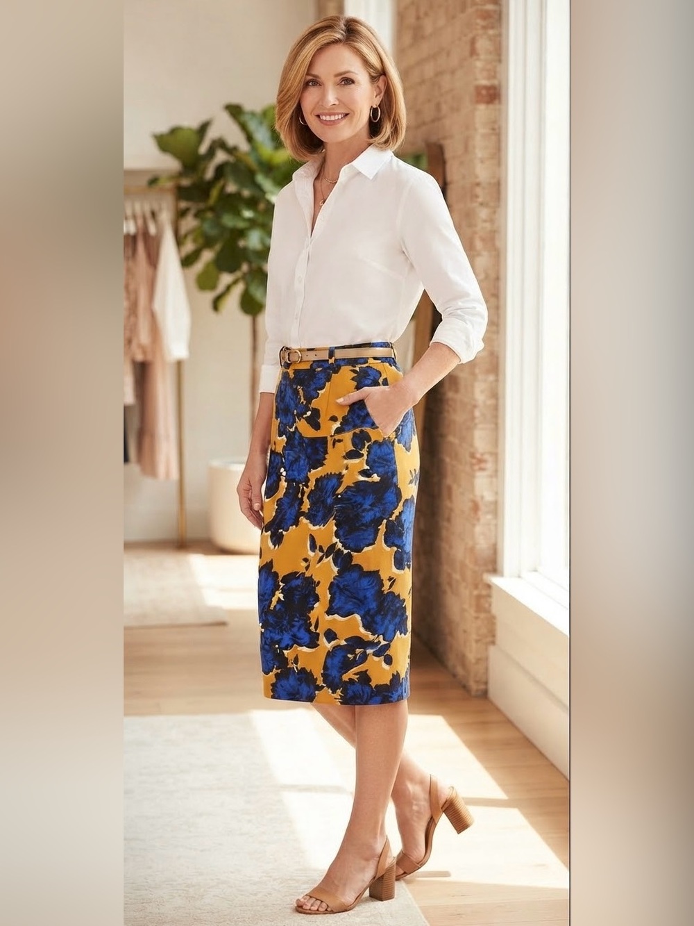 Who What Wear Cornflower Blue and Mustard Floral Midi Pencil Skirt Women’s Sz 8